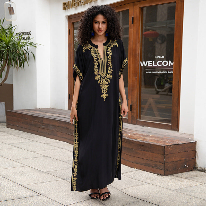 Rayon Embroidered Holiday Loose Jumpsuit Long Robe Beach Sun Protection Maxi Dress Beach Cover Up