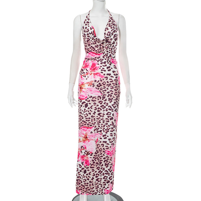 Women Clothing Dignified Floral Leopard Print Swing Collar Backless Rope Skinny Maxi Dress