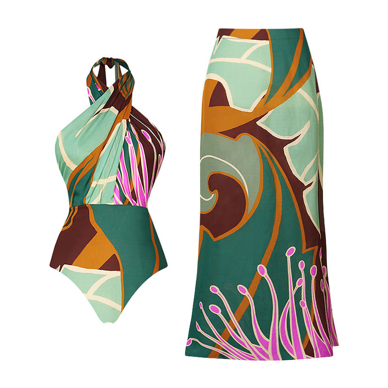 Halterneck Printed One Piece Swimsuit Women Clothing Wear