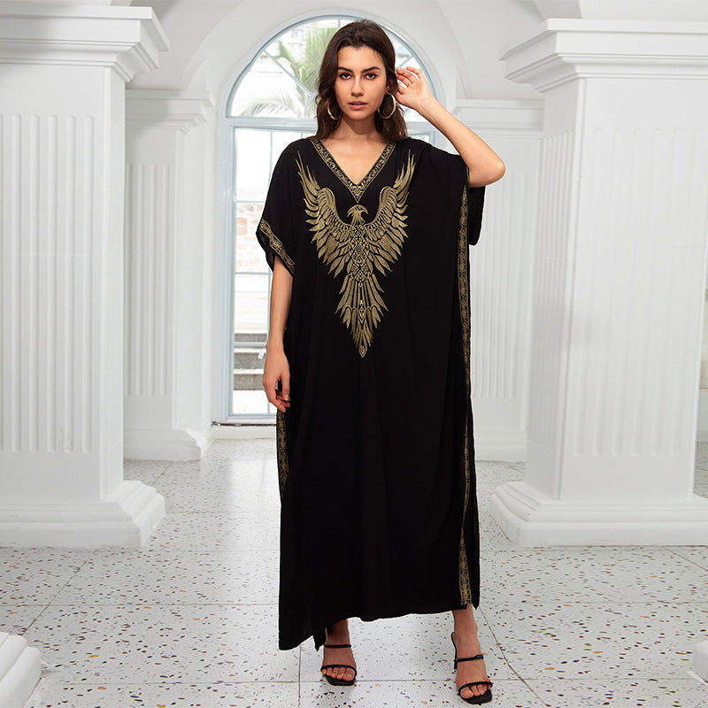 Cotton Printing Vacation Loose Maxi Dress Beach Jacket Maxi Dress Bikini Cover up Blouse