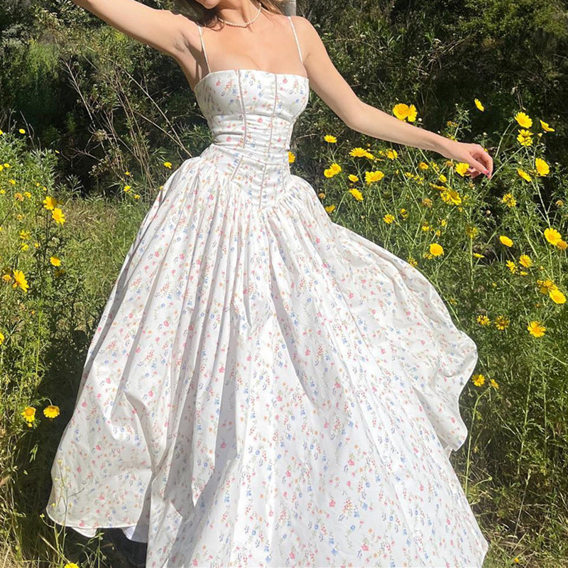 Women Clothing Summer Sexy French Pastoral Holiday Floral Strap Dress Maxi Dress for Women