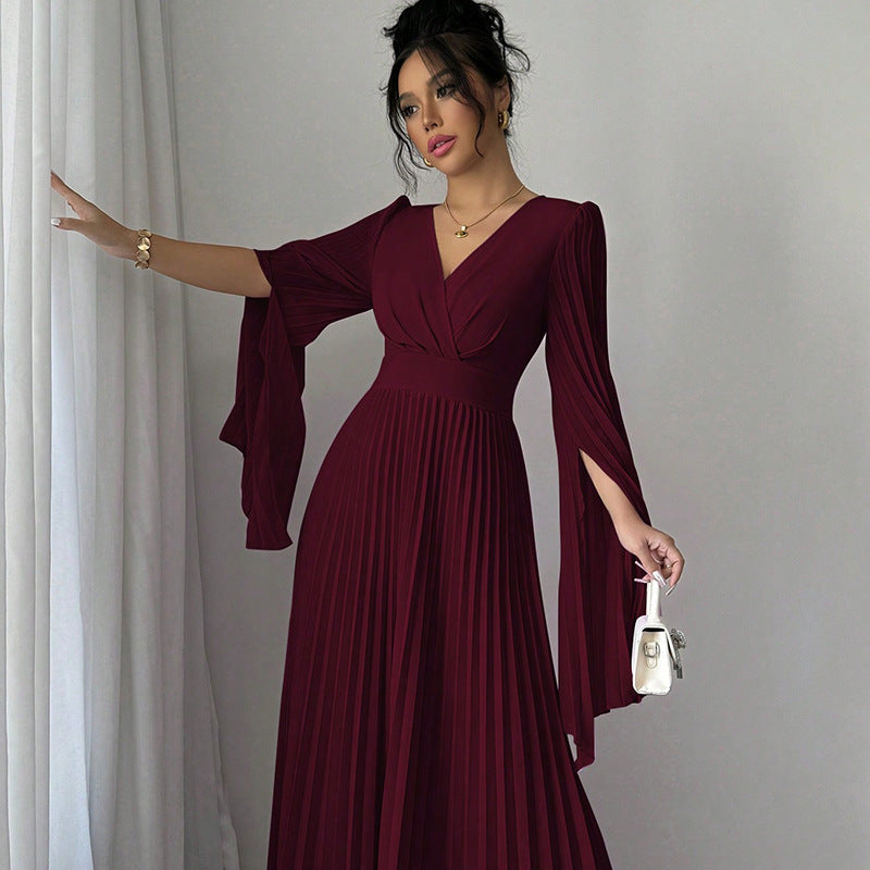 High Waist Maxi Dress Sexy Deep V Plunge Long Sleeve Pleated Bell Sleeve Design Dress