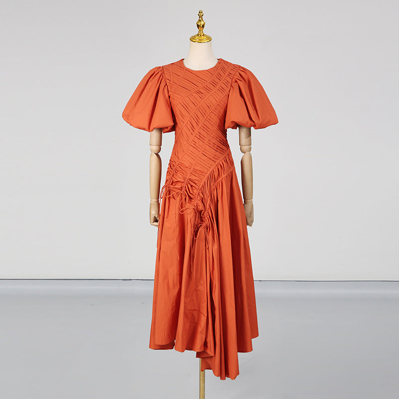 Elegant Simple Prom Dress Women Summer Maxi Dress Puff Sleeve round Neck Pleated Dress