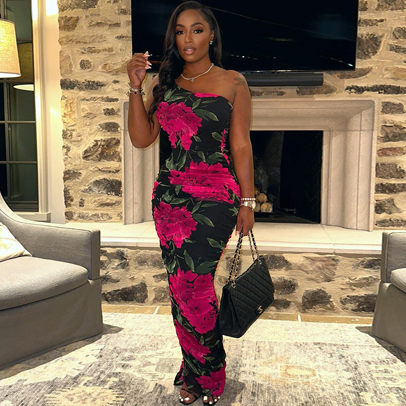 Floral Printed Sexy Oblique Shoulder Sleeveless Pullover Sheath Maxi Dress Women