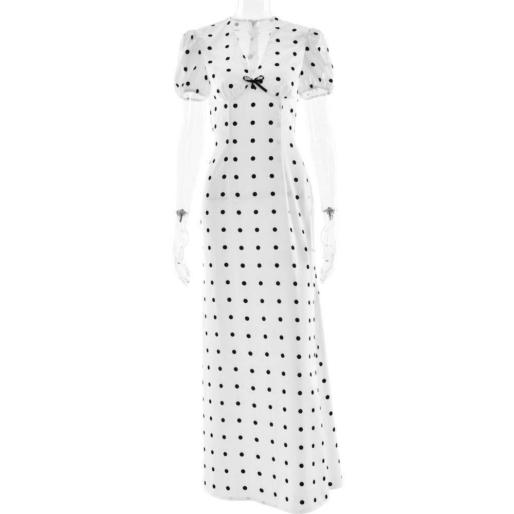 V neck Waist-Controlled Lace up Puff Sleeve Polka Dot Elegant Sexy Slim Dress Maxi Dress