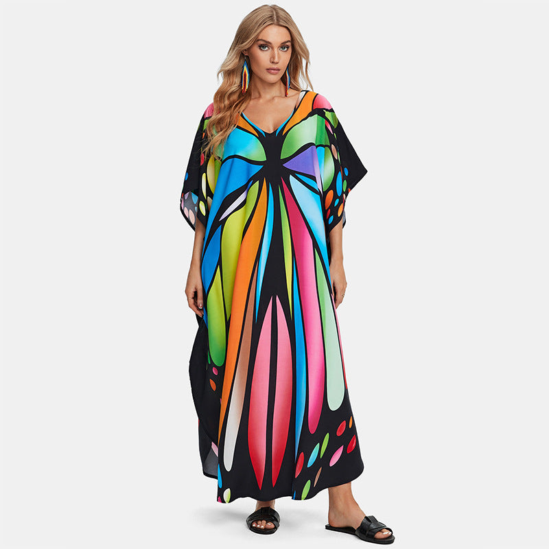 Rayon Printed Loose plus Size Robe Beach Cover up Vacation Maxi Dress Sun Protection Shirt Women