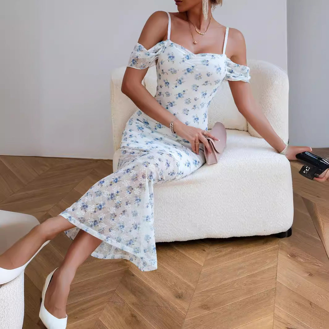 Summer Internet Celebrity Sling off Shoulder Wrapped Chest Sheath Print Mesh Sexy Adult Lady like Woman Maxi Dress