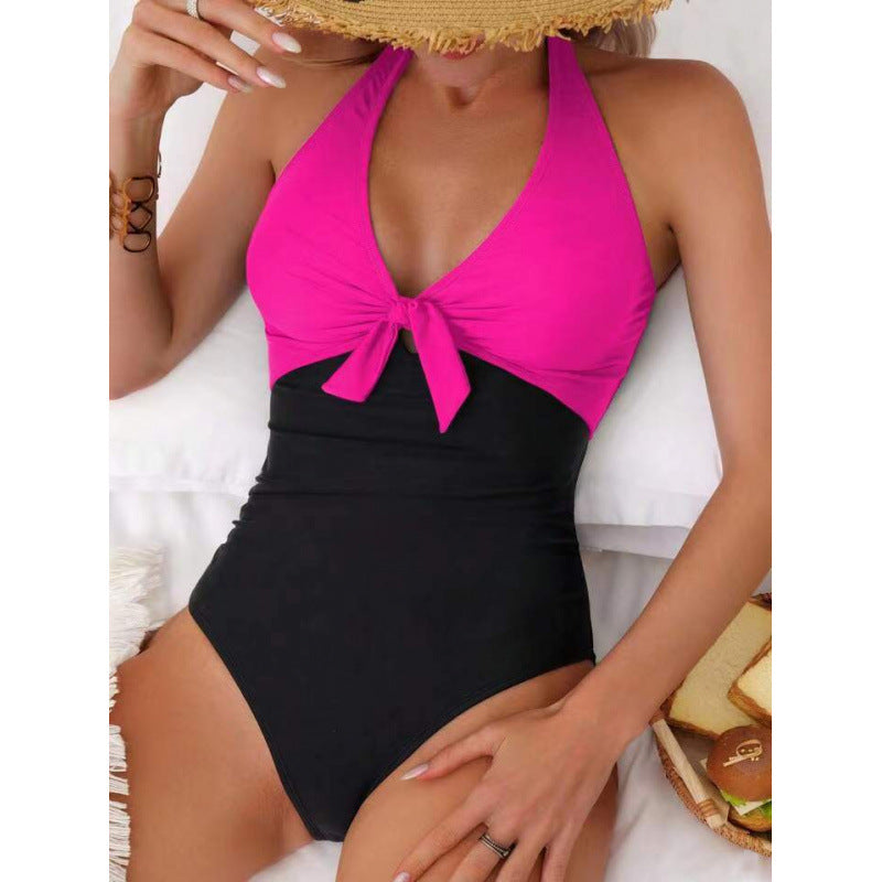 One Piece Solid Color Swimsuit Women Sexy Bikini Bikini Solid Color Tied Swimsuit