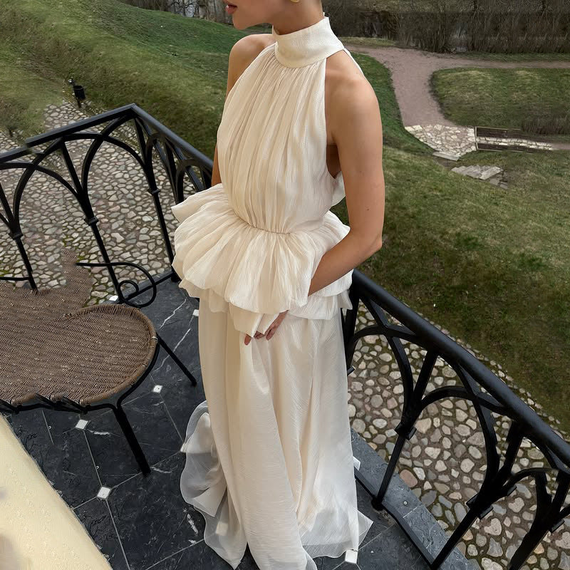 Elegant Wedding Dress Series Women Summer Turtleneck Sleeveless Waist Ruffled Maxi Dress