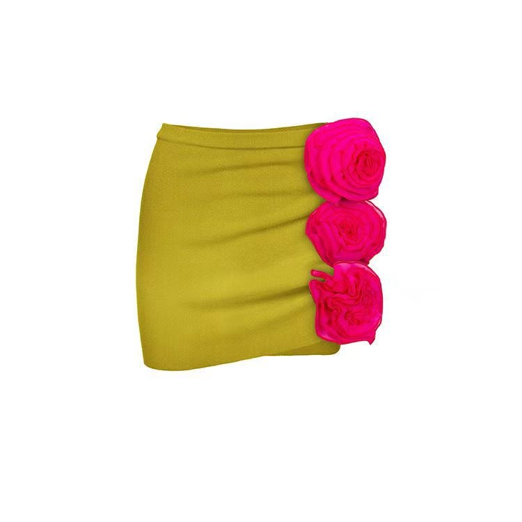 French One Piece Solid Color Women Swimsuit Solid Color Sexy Floral Short Skirt Swimsuit Women Bikini