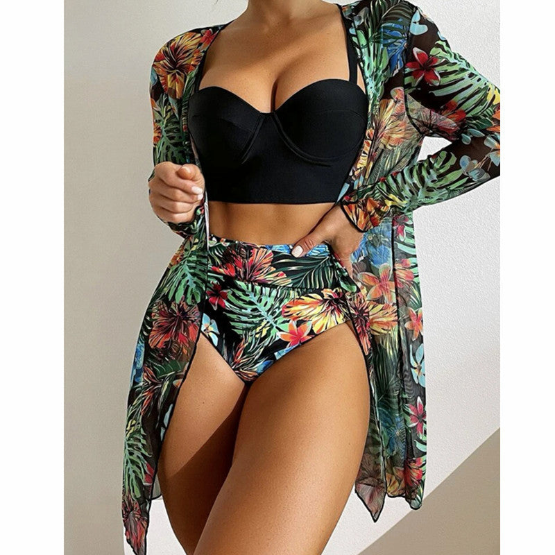 Sexy Mesh Bikini Three Piece Push up Split Printed Swimsuit for Women
