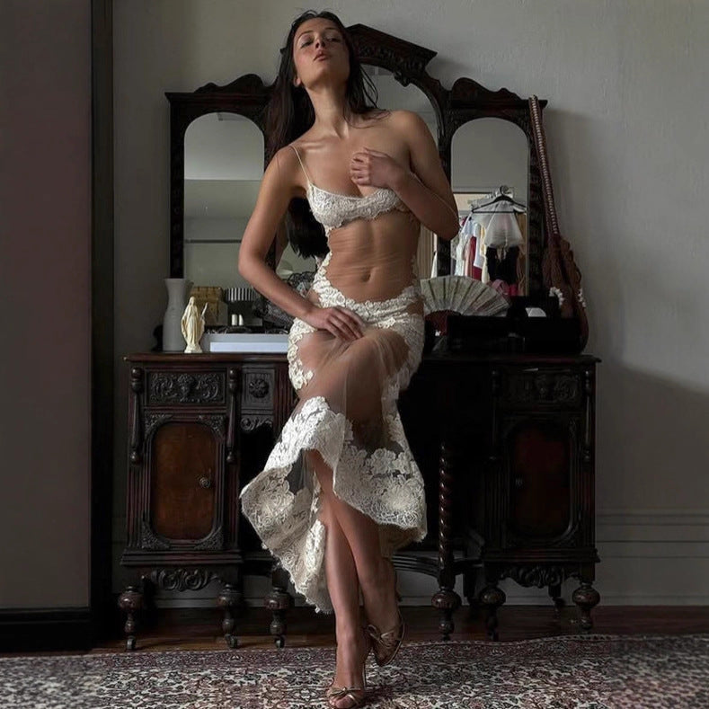 Summer Women Mesh Lace Lace Spaghetti Strap Dress See through Sexy Nightdress Vacation Maxi Dress