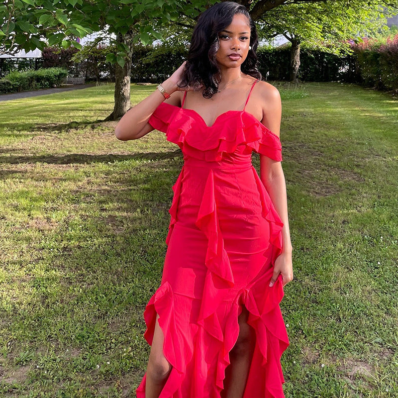 Women Clothing Solid Color Dress Sexy Spaghetti Straps Sleeveless Ruffled Irregular Asymmetric Maxi Dress