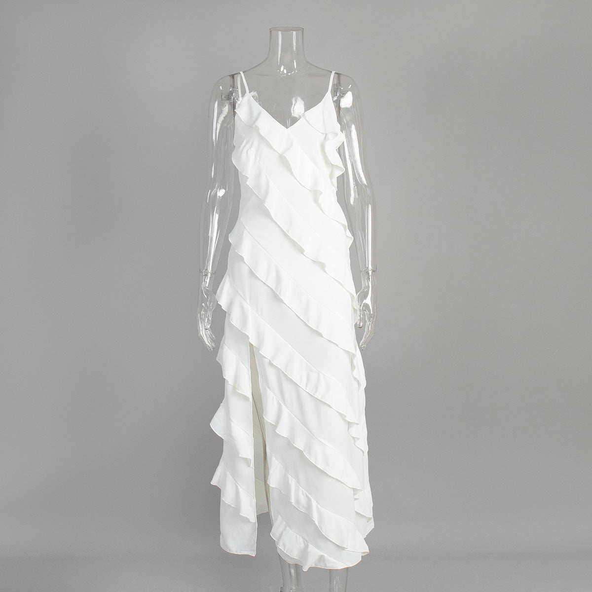 Patchwork Ruffled Sling Maxi Dress Summer Sexy Slit Slim Fitting