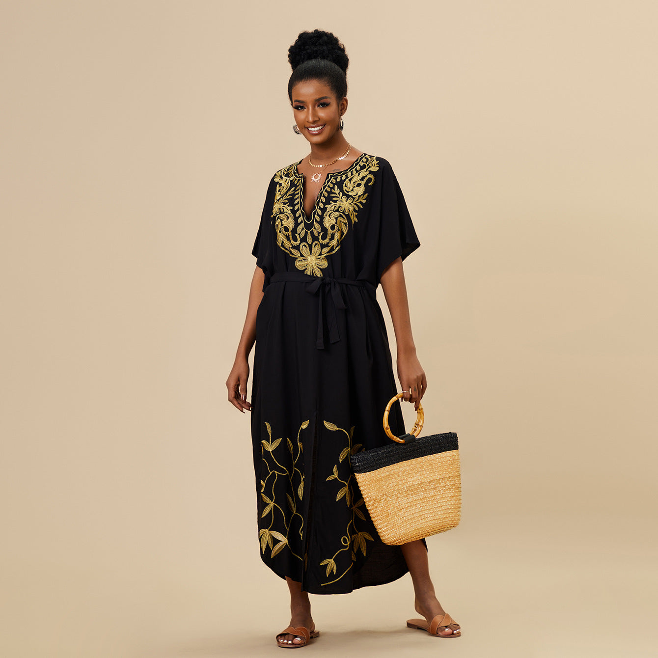 Holiday Maxi Dress Rayon Embroidered Beach Cover Up Sun Protection Clothing Bikini Cover Up