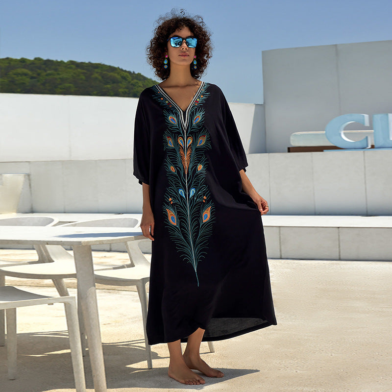 Cotton Printing Vacation Loose Maxi Dress Beach Jacket Maxi Dress Bikini Cover up Blouse