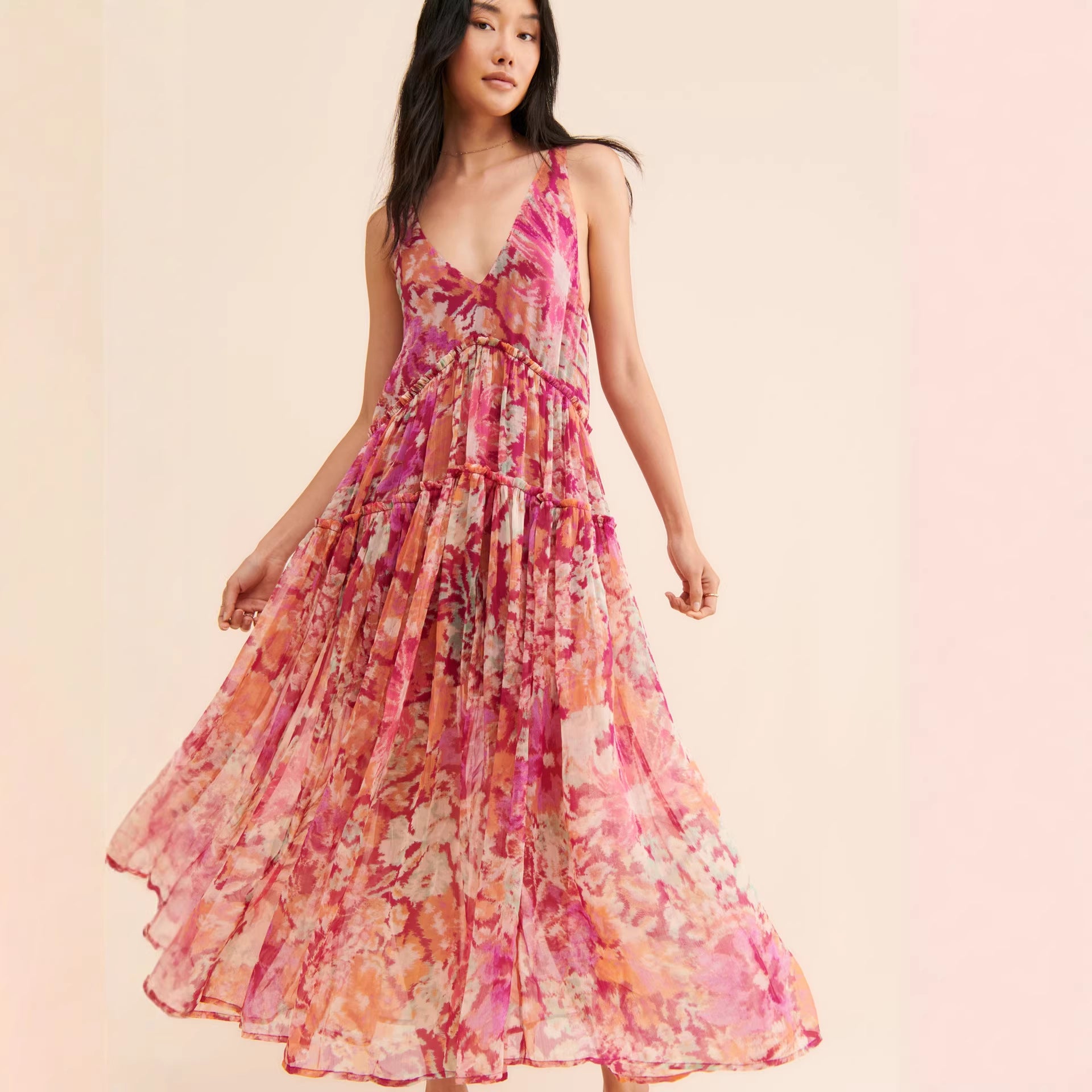 Spring Summer Women Clothing Bohemian Retro Stitching Maxi Dress