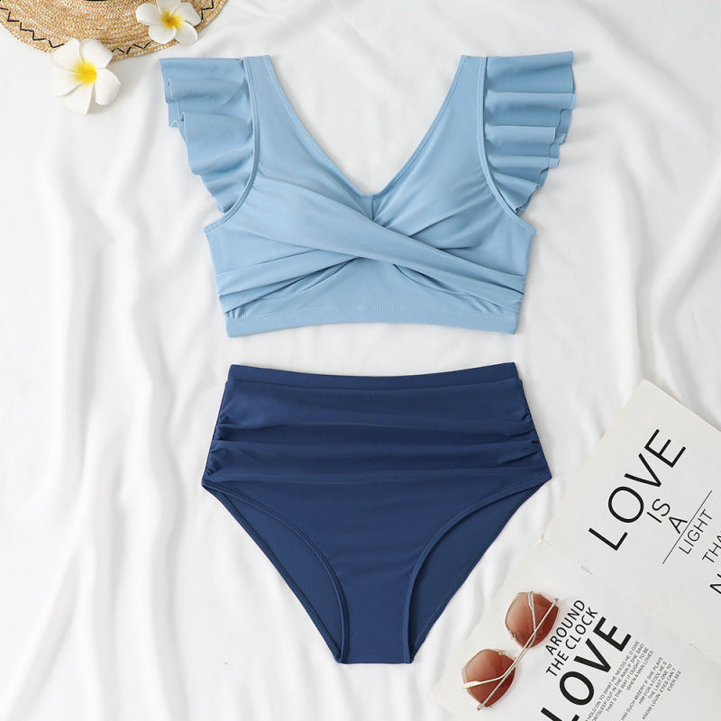 Split Swimsuit Slim Fit V Collar Contrast Color Ruffled Stitching Women Swimsuit Bikini