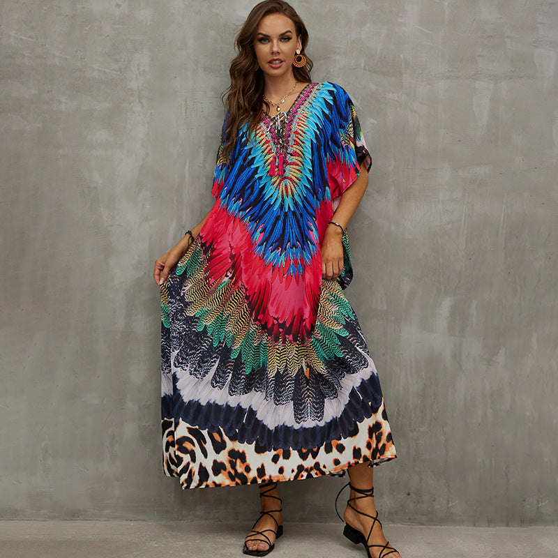 Rope Positioning Maxi Dress Loose Robe Seaside Vacation Beach Dress Bikini Swimsuit Blouse Women