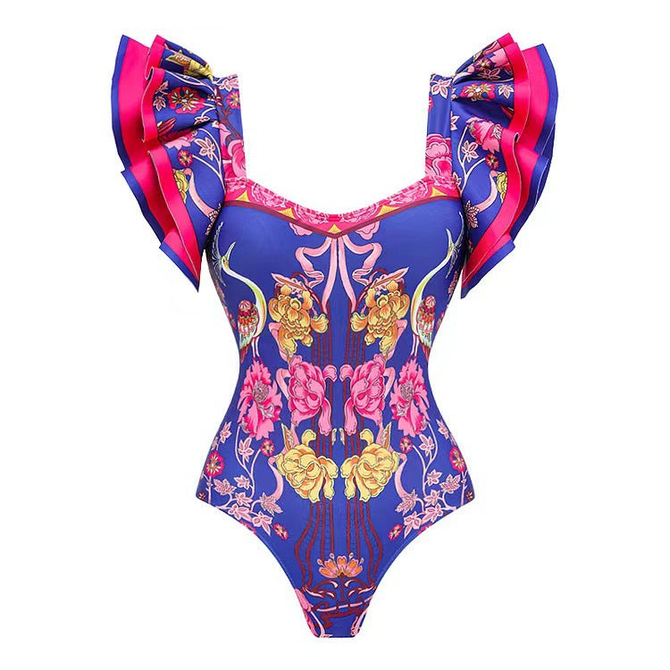 One Piece Women Swimwear European French Retro Cover Belly Slimming Swimsuit Holiday Beach Dress