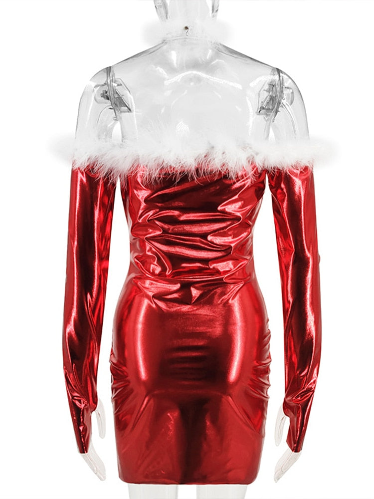 Christmas New Year Sexy Costumes Faux-Fur Tight Mini Dress Stylish Off-shoulder