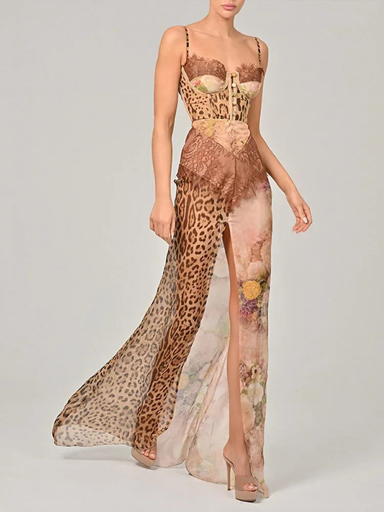 Leopard Mesh Patchwork Maxi Dress