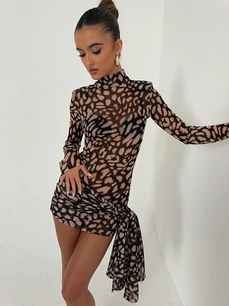 Leopard Sheer Bandage Long Sleeve Mini Dress