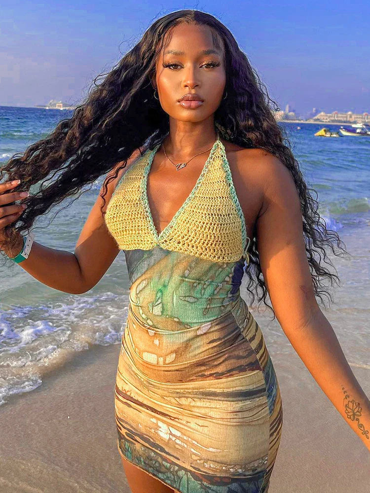 Knit Halter Print Lace Up Backless Mini Dress