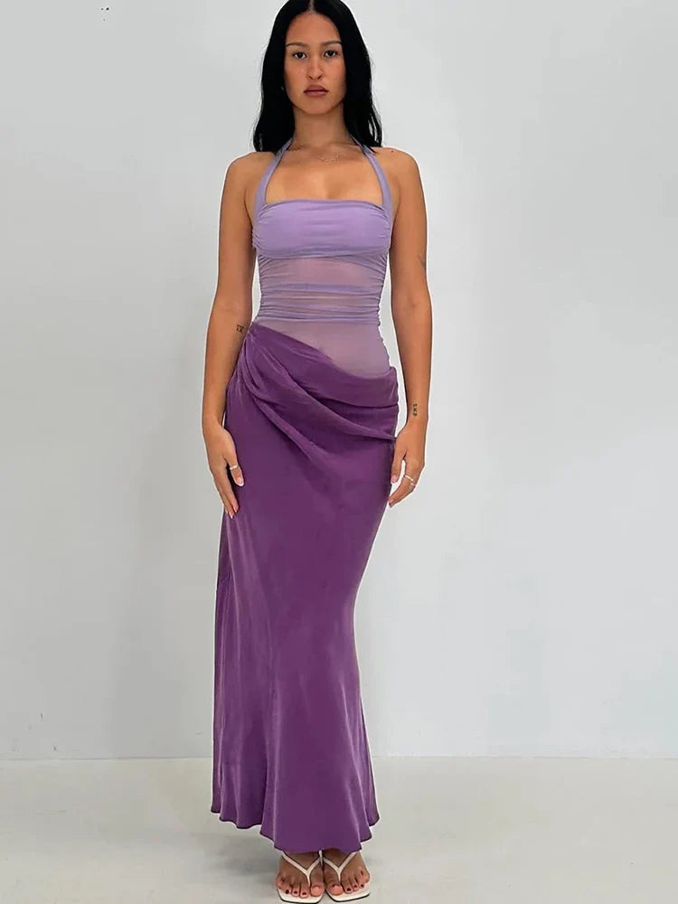 Hollow Patchwork Halter Maxi Dress