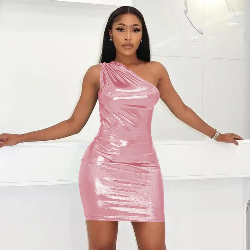 Metallic One Shoulder Irregular Mini Dress