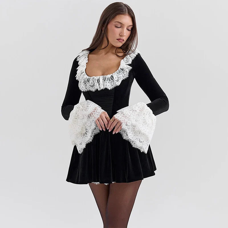 Velvet Lace Patchwork Wrap Mini Dress