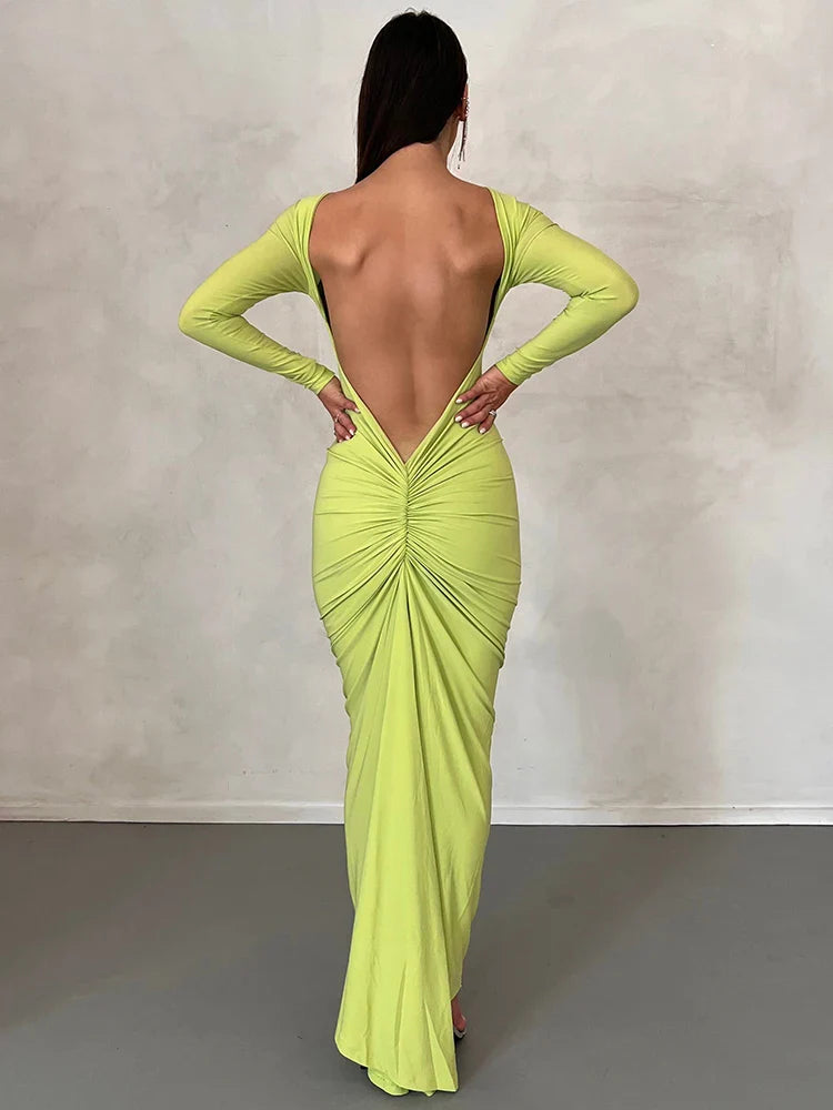 Draped Backless Long Sleeve Maxi Dress