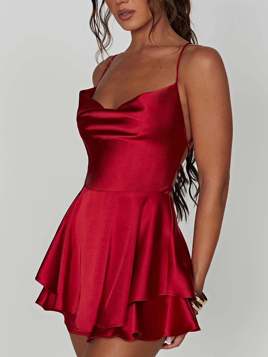 Satin Cowl Neck Tie Back Romper Mini Dress