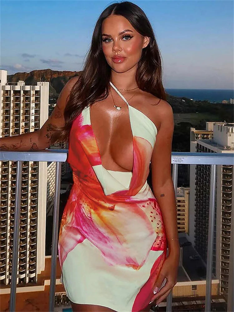 Printed One Shoulder V Neck Mini Dress