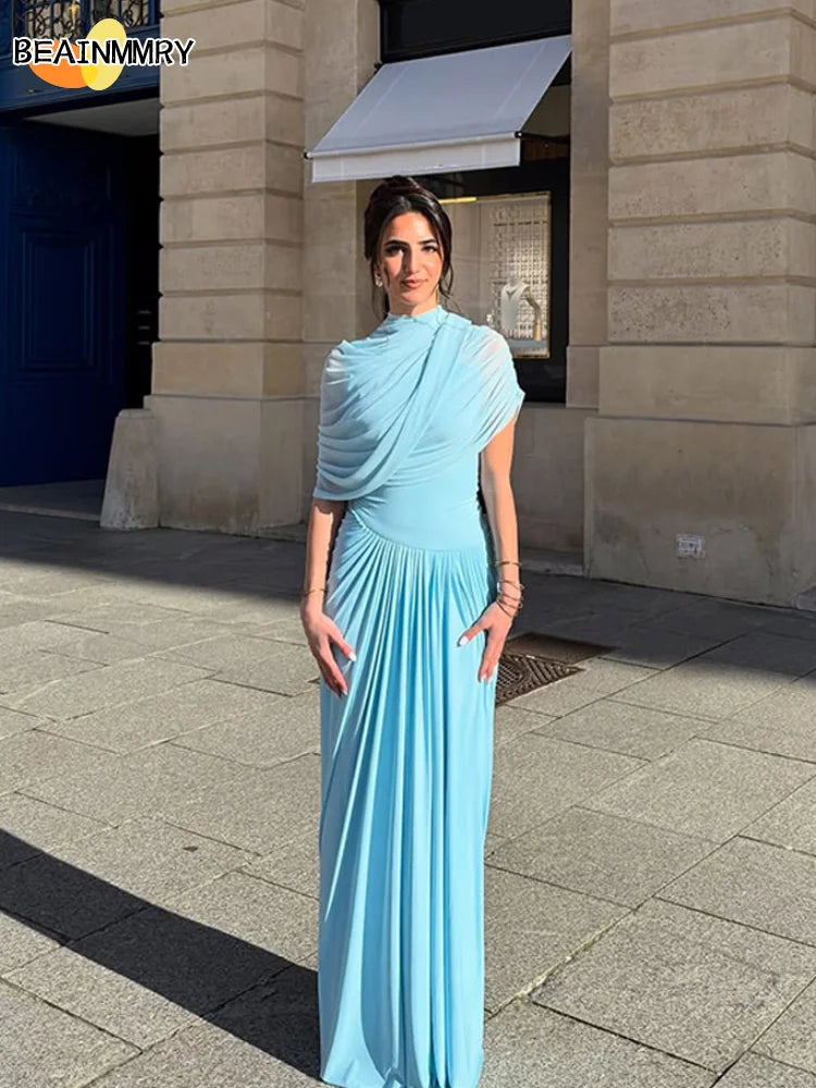 Pleated Stand Neck Blue Maxi Dress