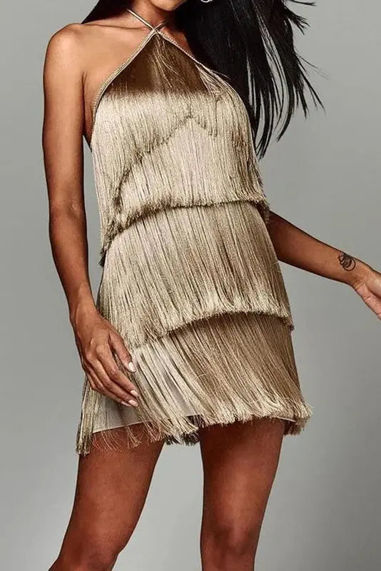 Silky Tassel Halter Mini Dress