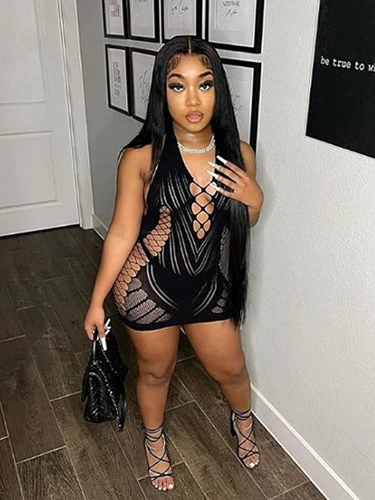 Transparent Lace Halter Backless Mini Dress