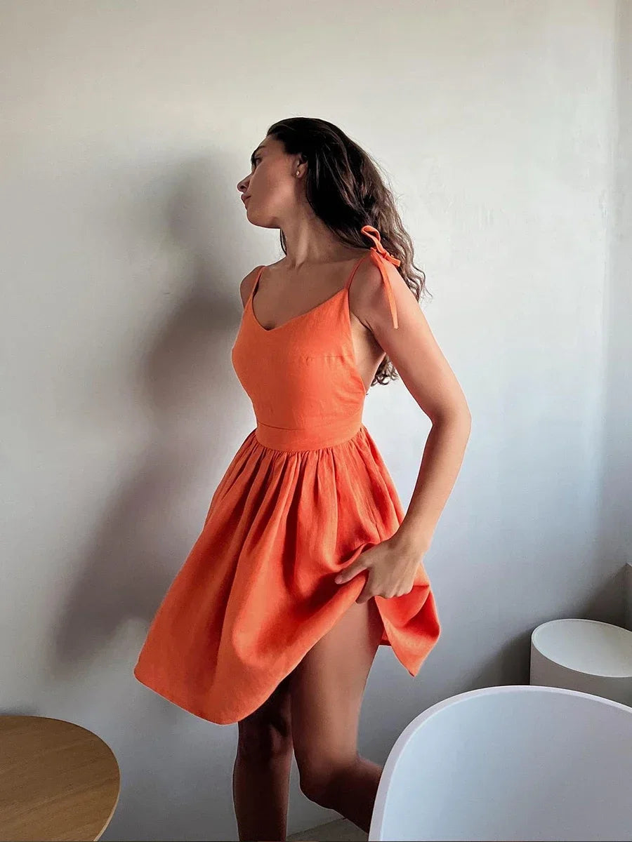 V Neck Spaghetti Strap Cotton Mini Dress