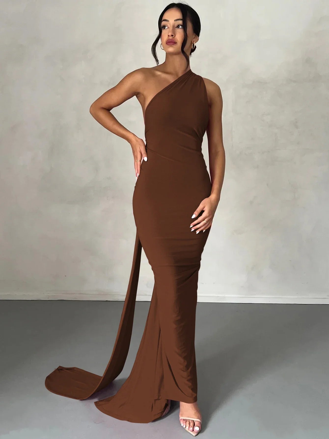 One Shoulder Scarf Ruched Maxi Dress