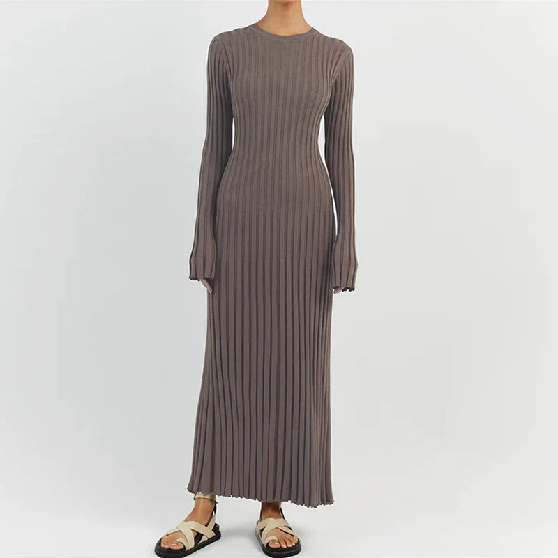 Ribbed Knit Crew Neck Maxi Dress