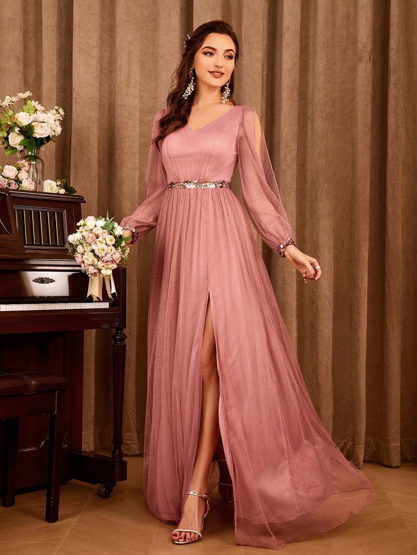 Gauze Applique Slit V-neck Maxi Dress