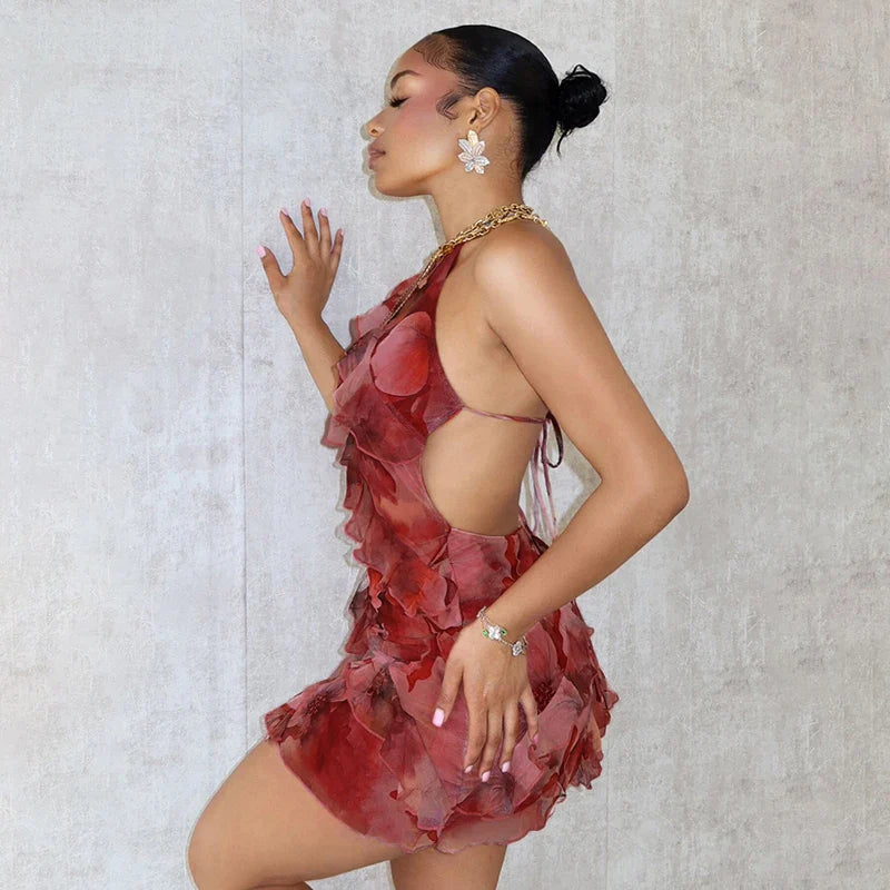 Floral Ruffle Halter Backless Mini Dress