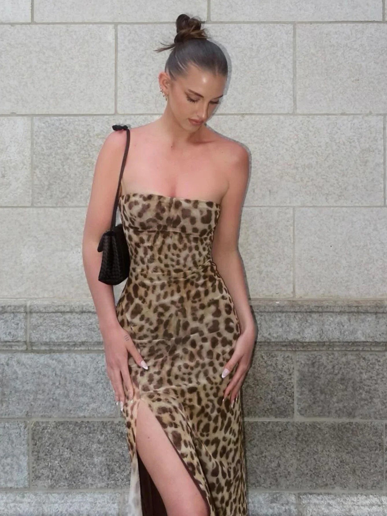 Leopard Strapless Slit Maxi Dress