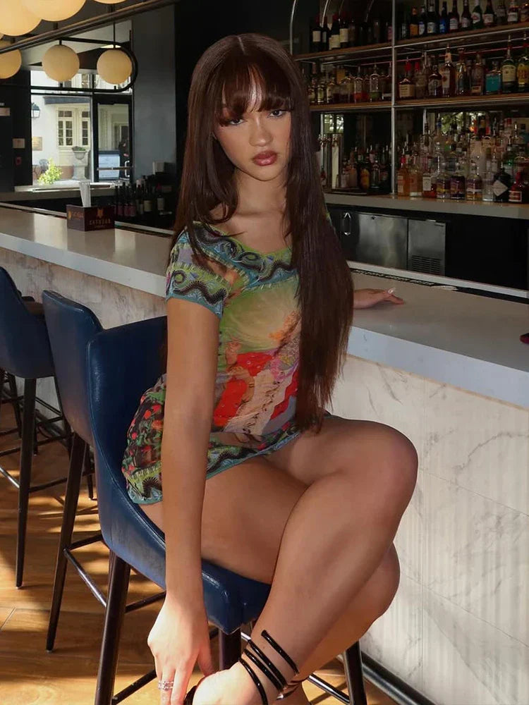 Y2K Mesh Print Crew Neck Mini Dress