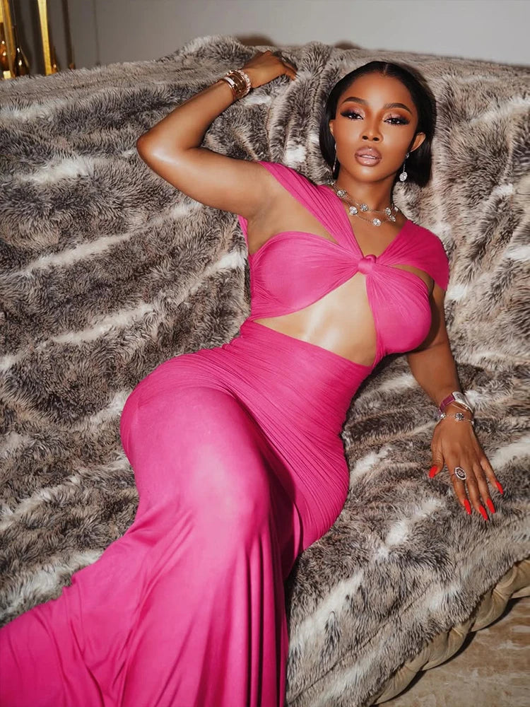 Hollow Ruched Off Shoulder Maxi Dress