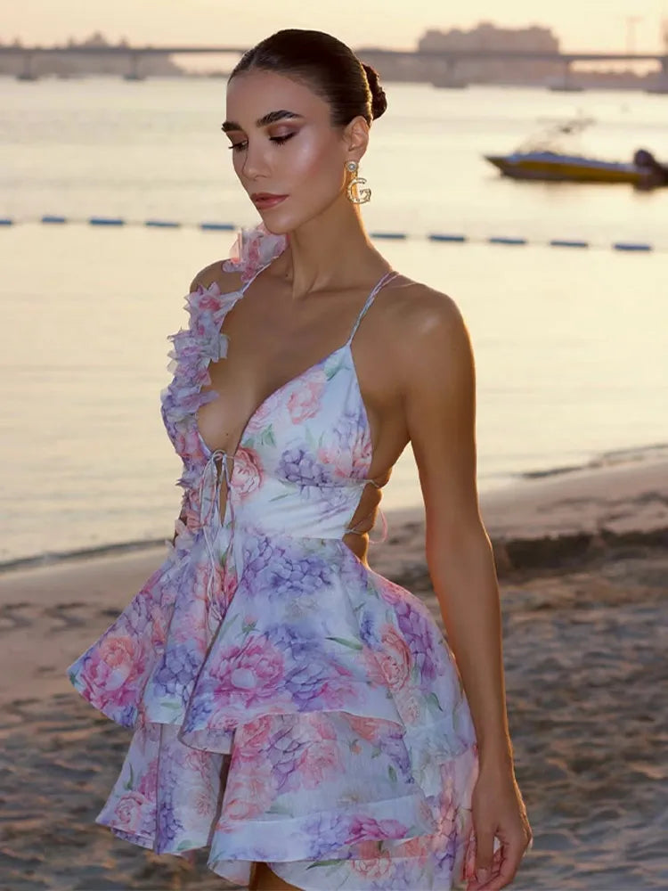 Chiffon Ruffle Floral Bodycon Mini Dress