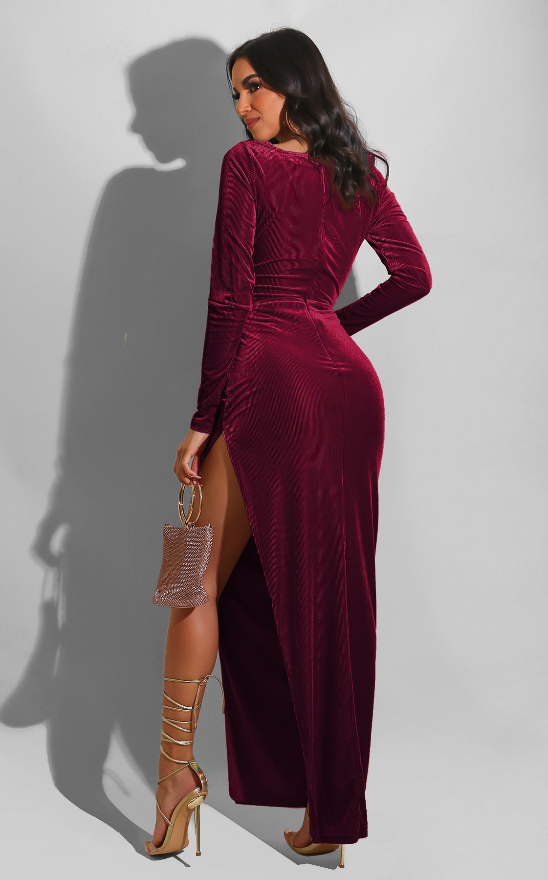 Elegant Velvet High Waist Slit Maxi Dress Sexy Long Sleeve Evening Party Dress