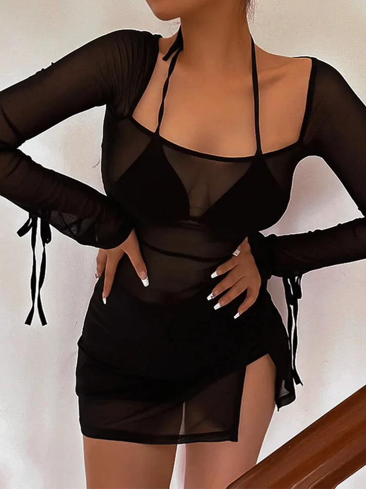 Square Neck Gauze Sheer Club Mini Dress