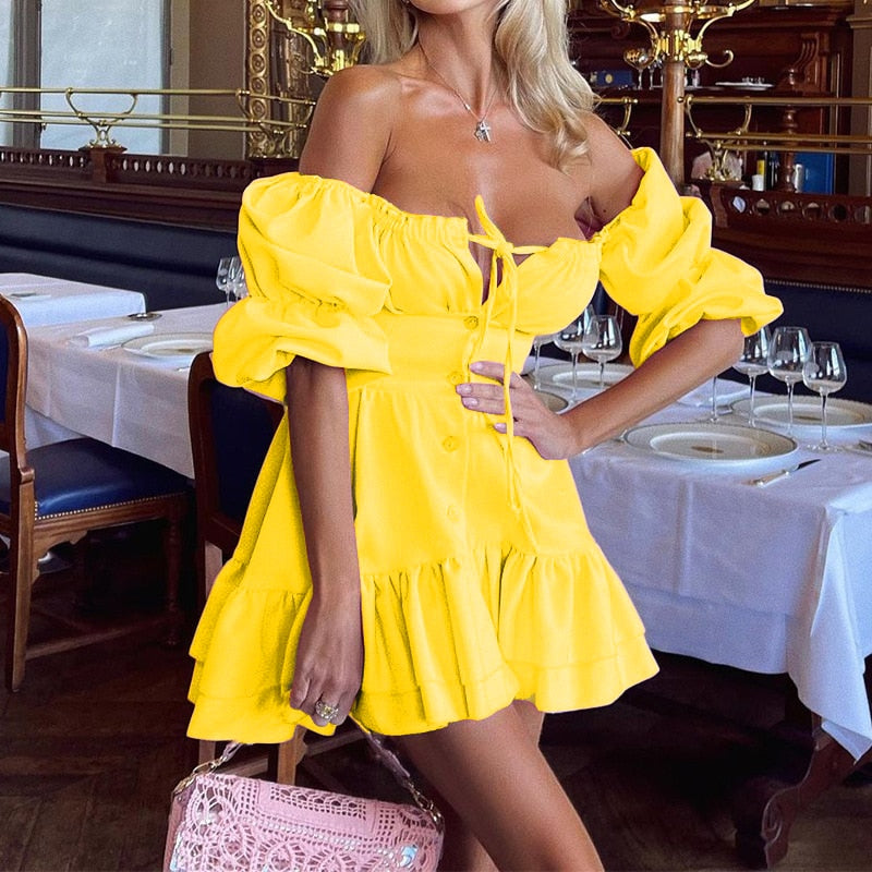 Sexy Tube Top Backless Puff Sleeves Nightclub Mini Dress