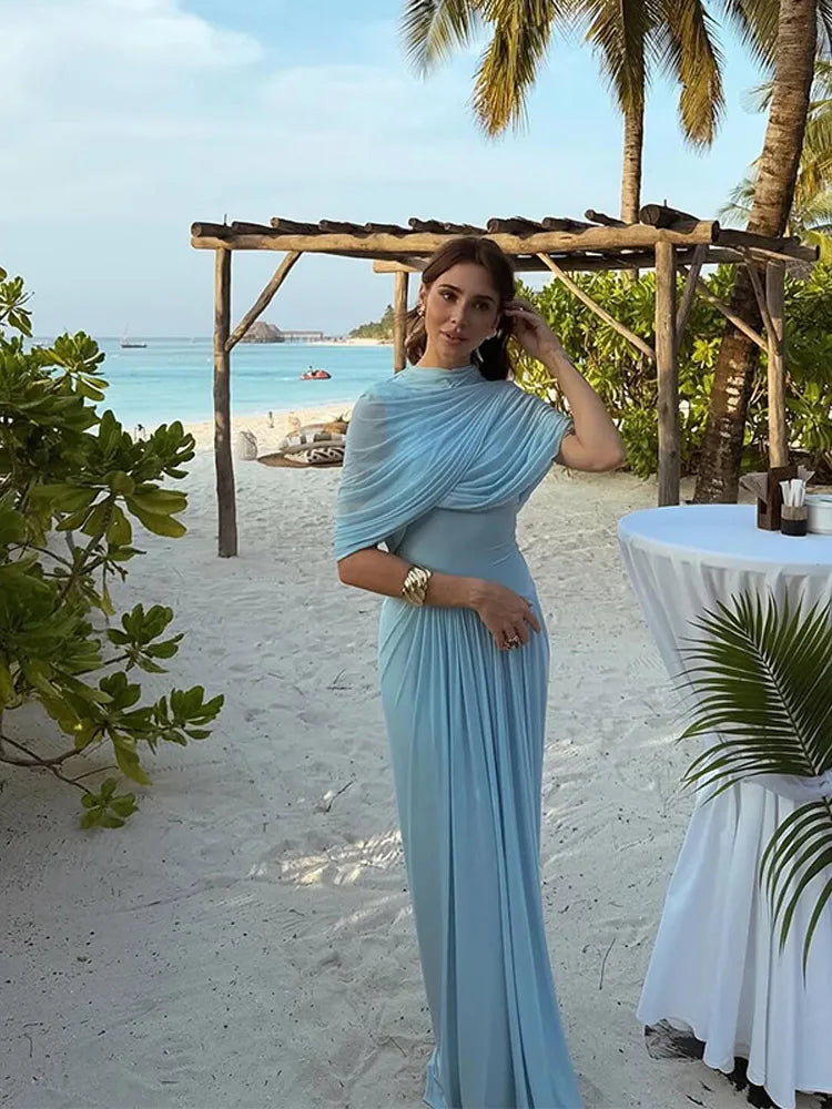 Pleated Stand Neck Blue Maxi Dress